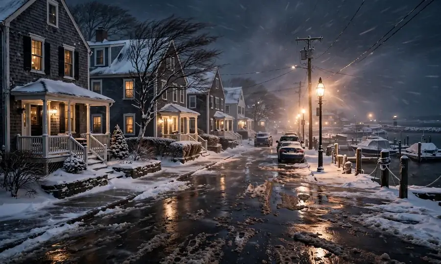 Heating service van in snow at night