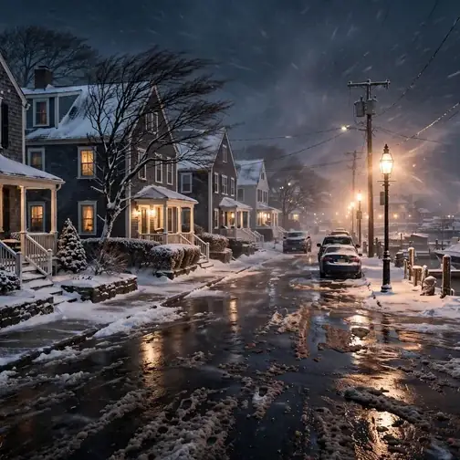 New Haven, Connecticut homes with warm glowing windows during a winter nor'easter storm at night