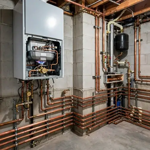Gas boiler with extensive baseboard heating pipes in a New Haven, Connecticut home basement