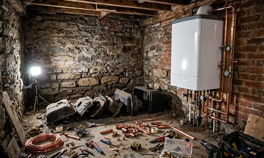 Newly installed wall-mounted boiler with copper pipework