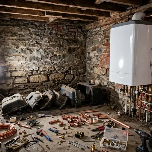 New boiler being installed in a historic New Haven, Connecticut home basement beside the old cast-iron unit
