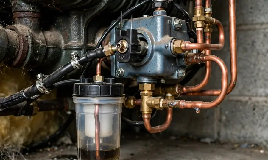 Home heating oil tank with fuel line to burner