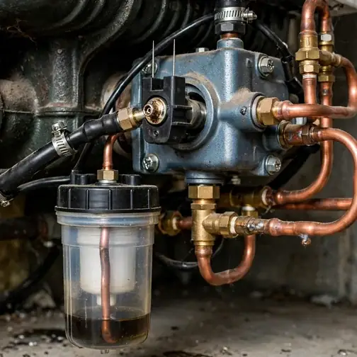 Oil burner assembly with fuel filter and copper fuel lines on a home heating boiler