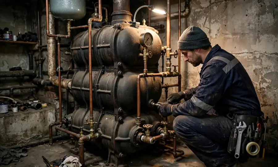 Technician checking boiler pressure gauges