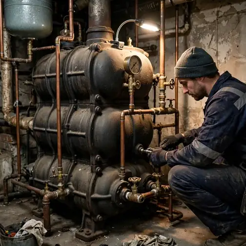 Heating technician servicing a large boiler in a multifamily apartment building basement in New Haven, Connecticut