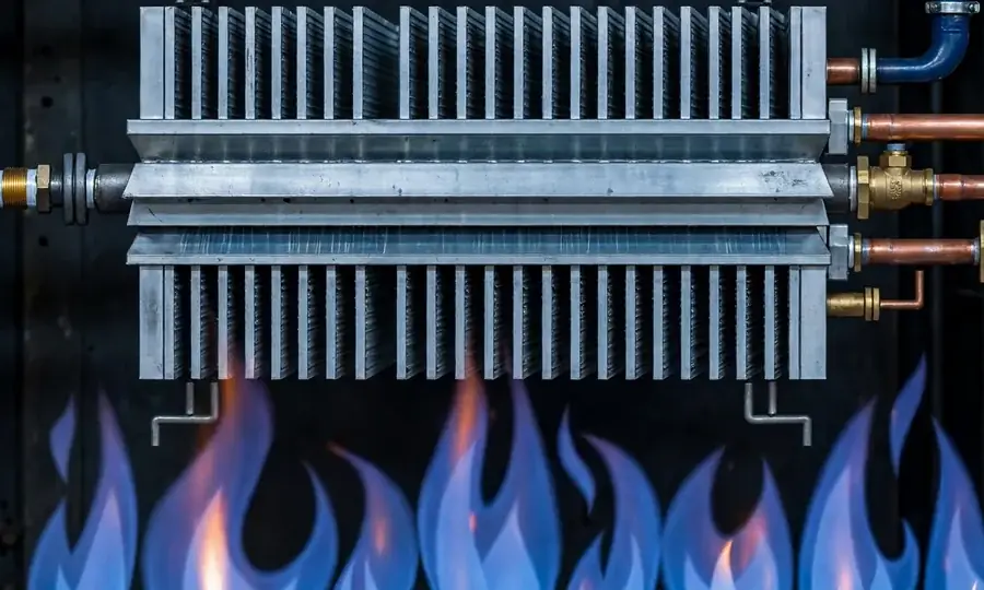 Blue gas flames inside a boiler combustion chamber