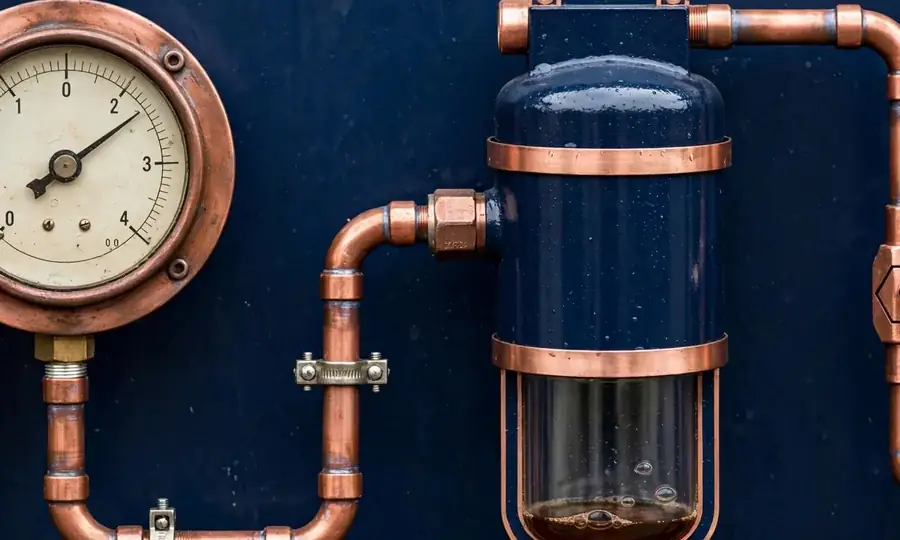 Home heating oil tank with fuel line to burner