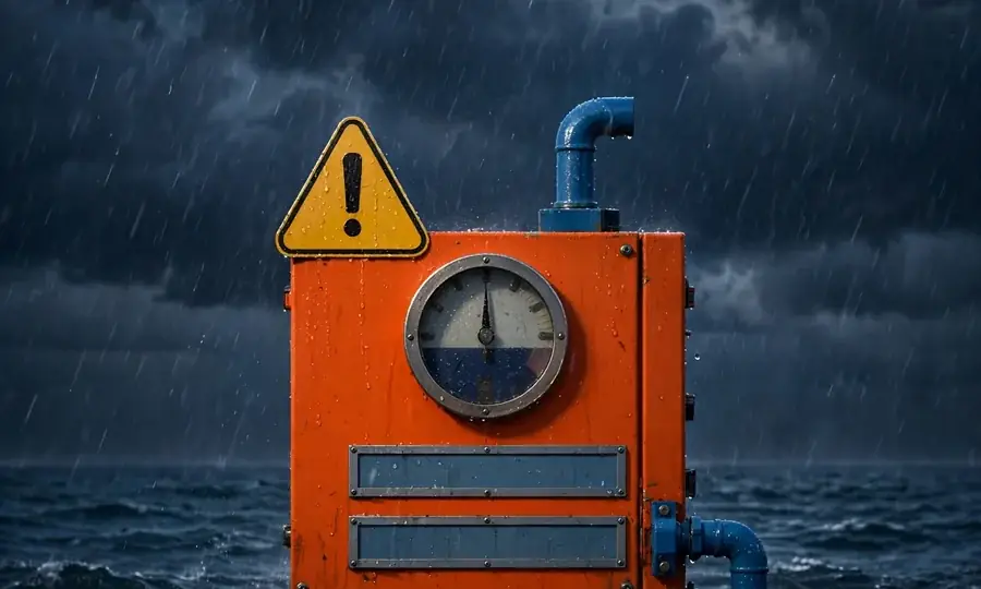 a technician servicing a boiler during a coastal storm at night