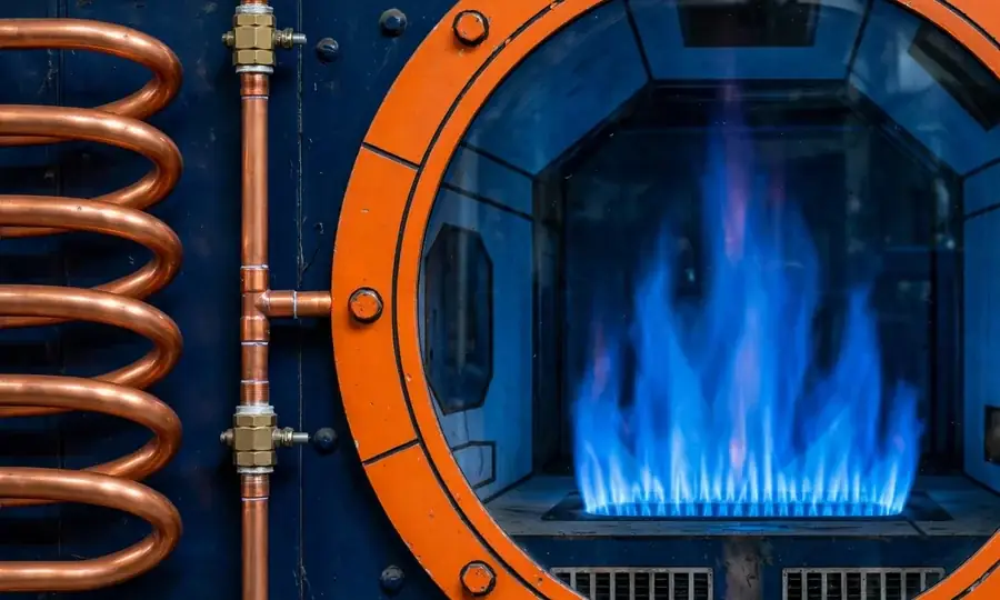 blue gas flames inside a boiler combustion chamber