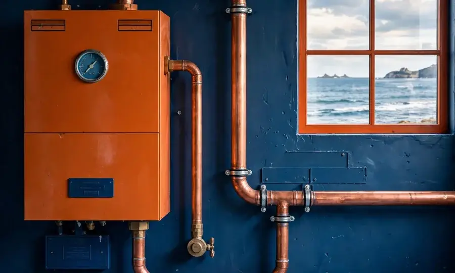 a newly installed wall-mounted boiler with copper pipework