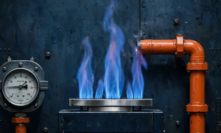 blue gas flames inside a boiler combustion chamber