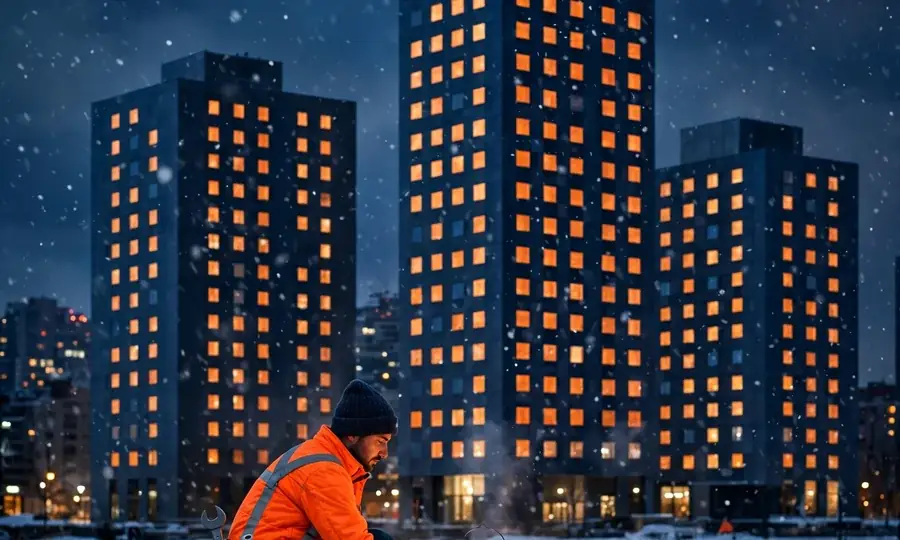 High-rise residential towers in Manhattan at night during a snowstorm