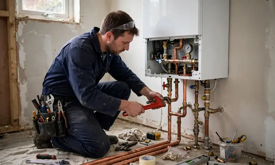 Newly installed wall-mounted boiler with copper pipework