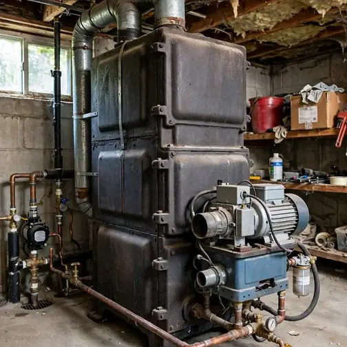 Vintage basement oil tank beside a boiler in Palmyra Pennsylvania