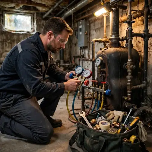 Technician servicing a boiler in a Palmyra Pennsylvania twin basement