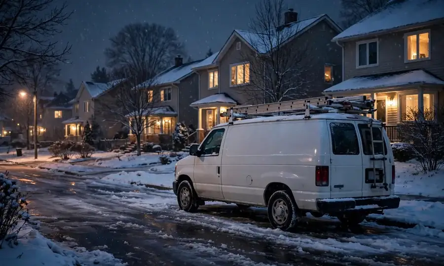 Illustration of a house glowing warm on a snowy night