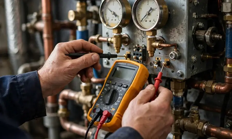 Illustration of a boiler pressure gauge and radiator