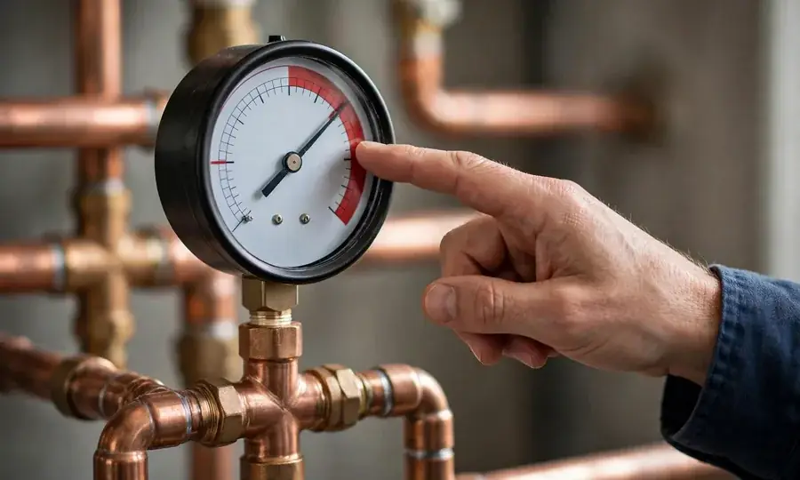 Hand pointing at a boiler pressure gauge (illustrative)