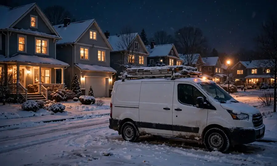 Illustration of a house glowing warm on a snowy night