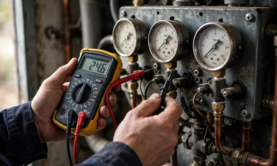 Illustration of a boiler pressure gauge and radiator