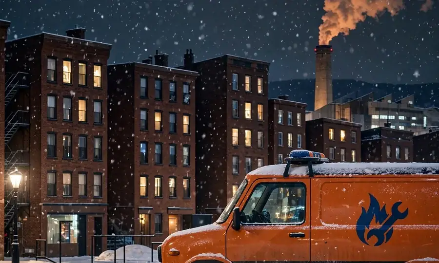 an emergency boiler service van in snow at night