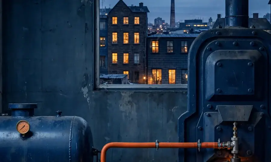 a home heating oil tank with fuel line to burner