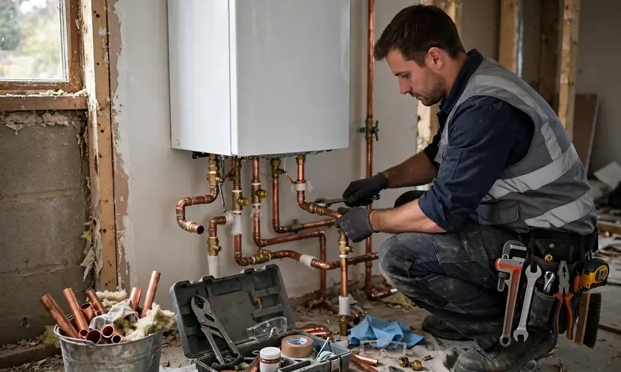 Newly installed wall-mounted boiler with copper pipework