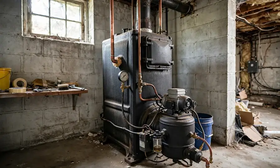 Home heating oil tank with fuel line to burner