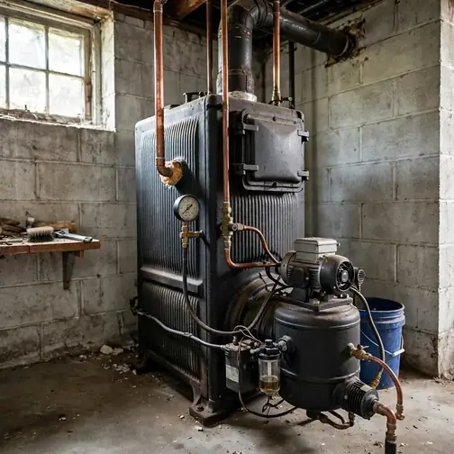 Basement oil tank feeding a boiler in a Quakertown Pennsylvania stone home