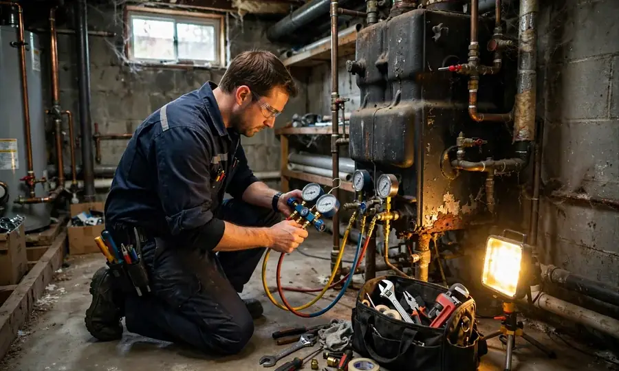 Technician checking boiler pressure gauges