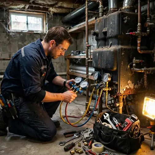 Heating technician testing boiler controls in a Quakertown Pennsylvania home