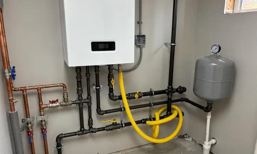 Newly installed wall-mounted boiler with copper pipework