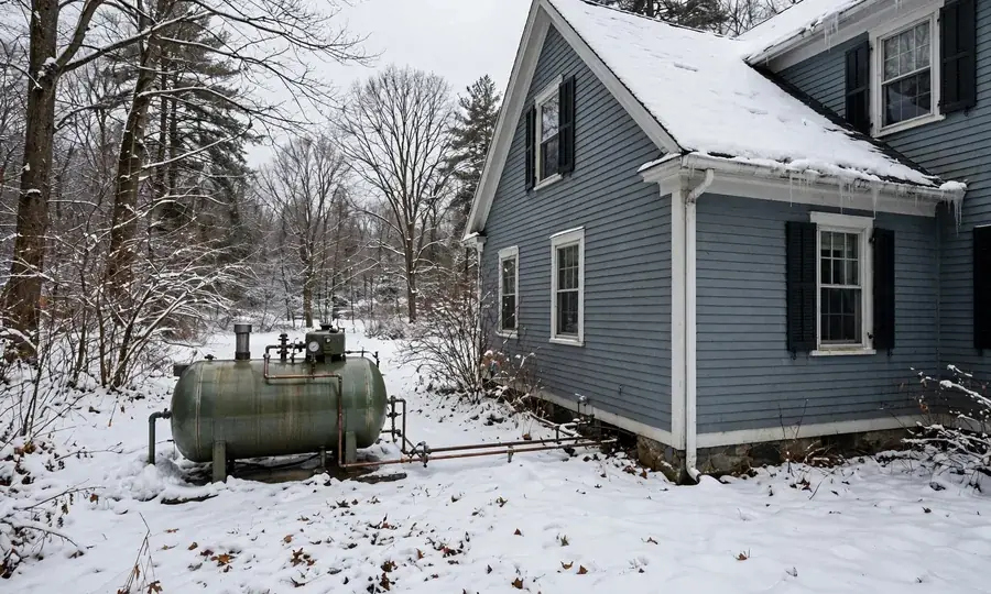 Home heating oil tank with fuel line to burner