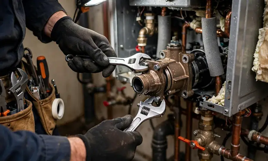 Technician checking boiler pressure gauges