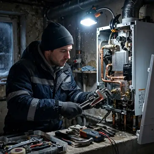 Nighttime emergency boiler call at a brick twin home in Royersford, PA