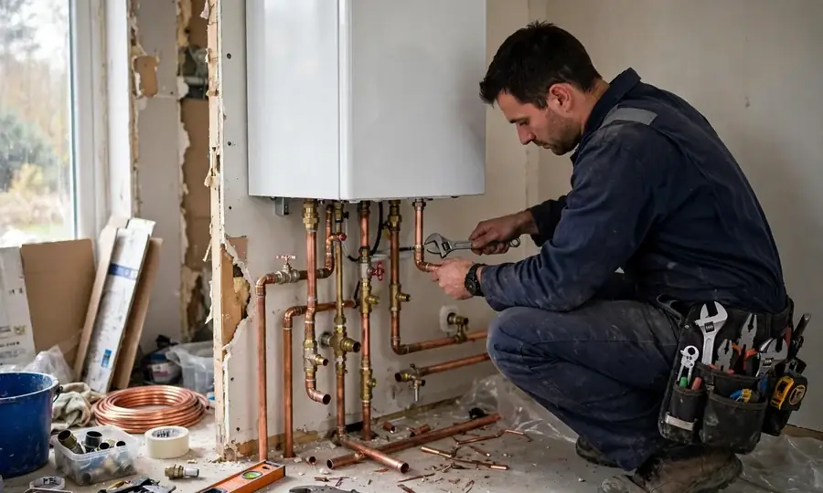 Newly installed wall-mounted boiler with copper pipework