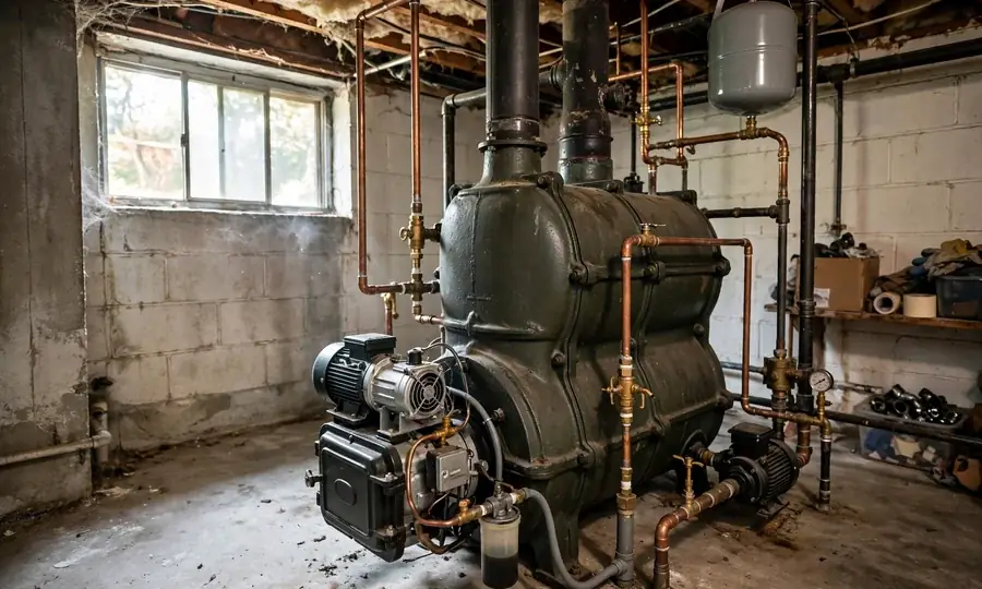 Home heating oil tank with fuel line to burner