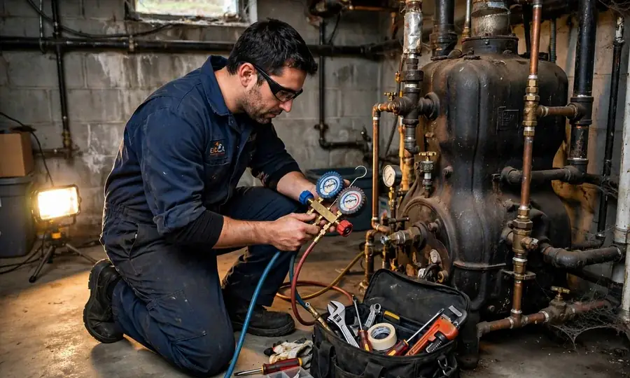 Technician checking boiler pressure gauges