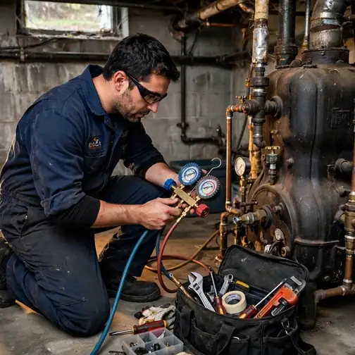 Technician diagnosing a boiler in a brick twin basement in Royersford, PA