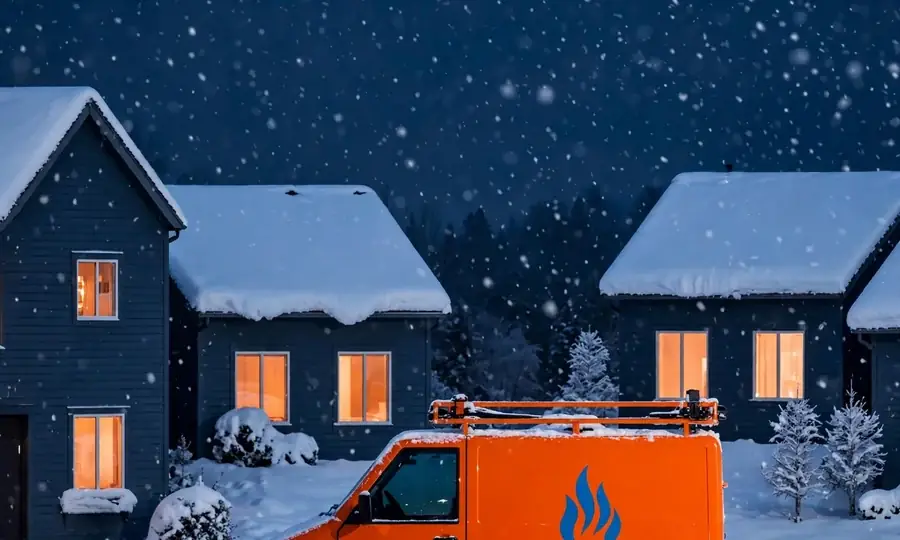 a heating service van on a snowy Staten Island street at night