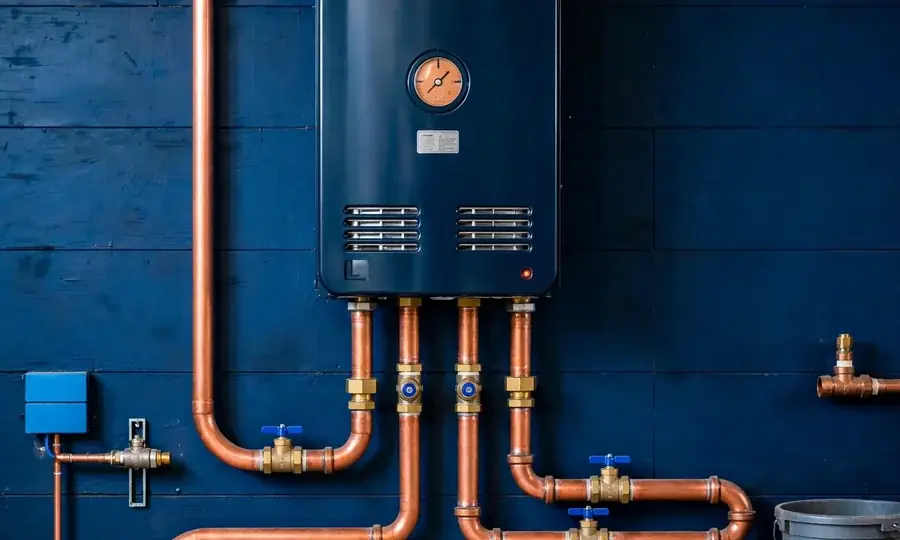 a newly installed wall-mounted boiler with copper pipework