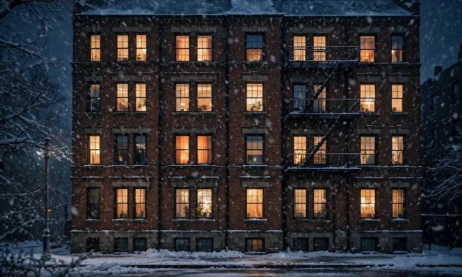 Heating service van in snow at night