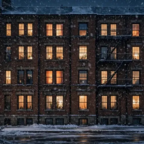 Brick apartment building in Springfield on a snowy night with warm lit windows
