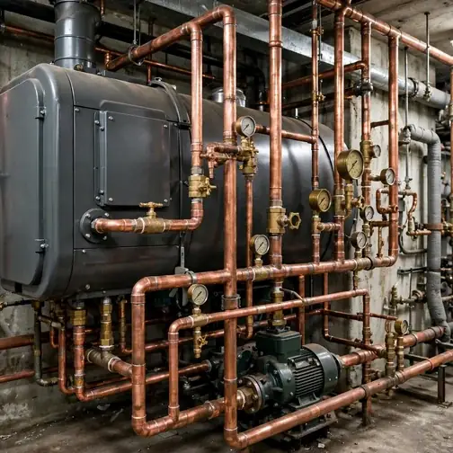 Commercial-style gas boiler with copper piping in a Springfield building mechanical room