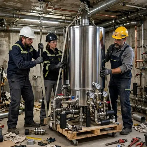 New replacement boiler being installed in a Springfield building basement