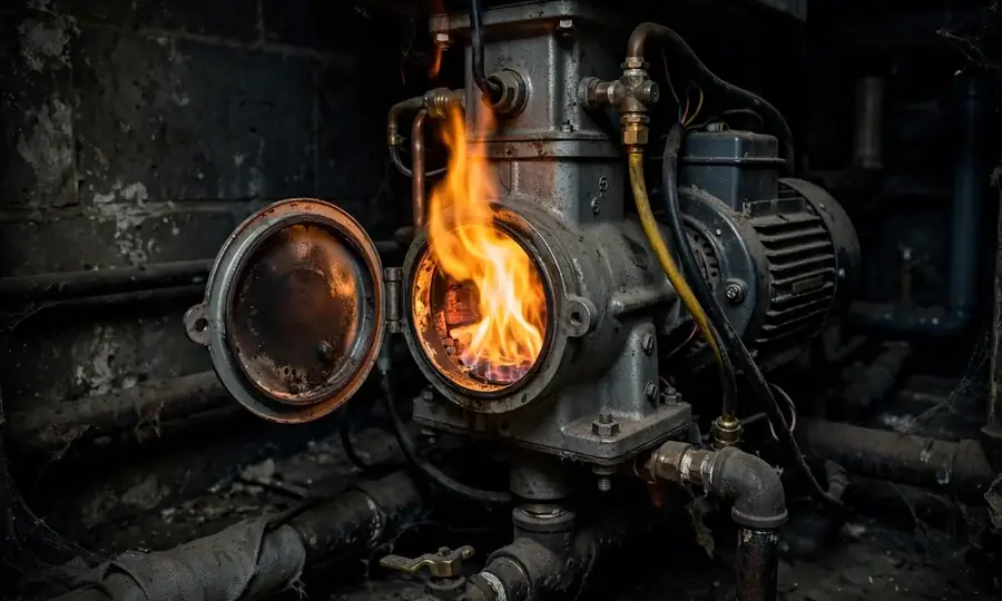 Home heating oil tank with fuel line to burner