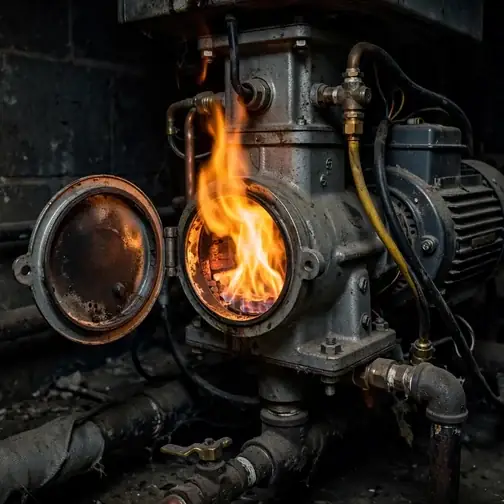 Oil burner assembly with flame inspection port open on a Springfield oil boiler