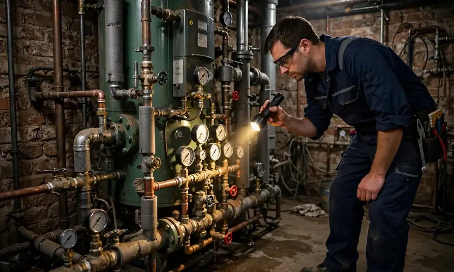 Technician checking boiler pressure gauges