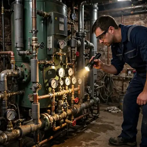 Technician diagnosing a large multifamily boiler in a Springfield building basement