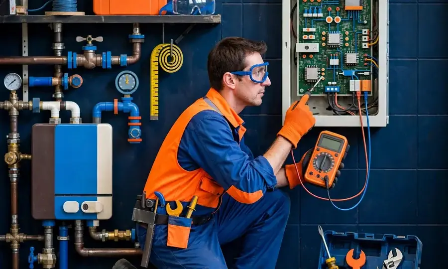 a technician diagnosing a residential boiler with gauges